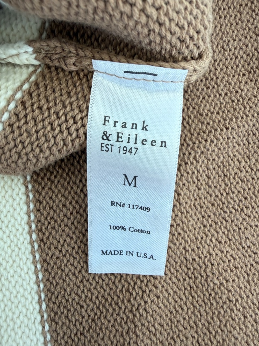 NEW Frank & Eileen Monterey Cotton Sweater in Camel Cream Stripe, Medium - Picture 5 of 10